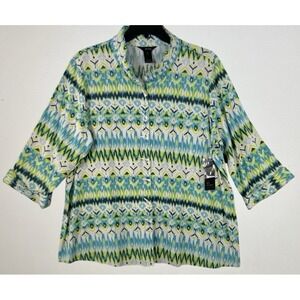 Ali Miles Ikat Tunic Plus Size 3X Floral Linen Toggle Button Up 3/4 Sleeve C18